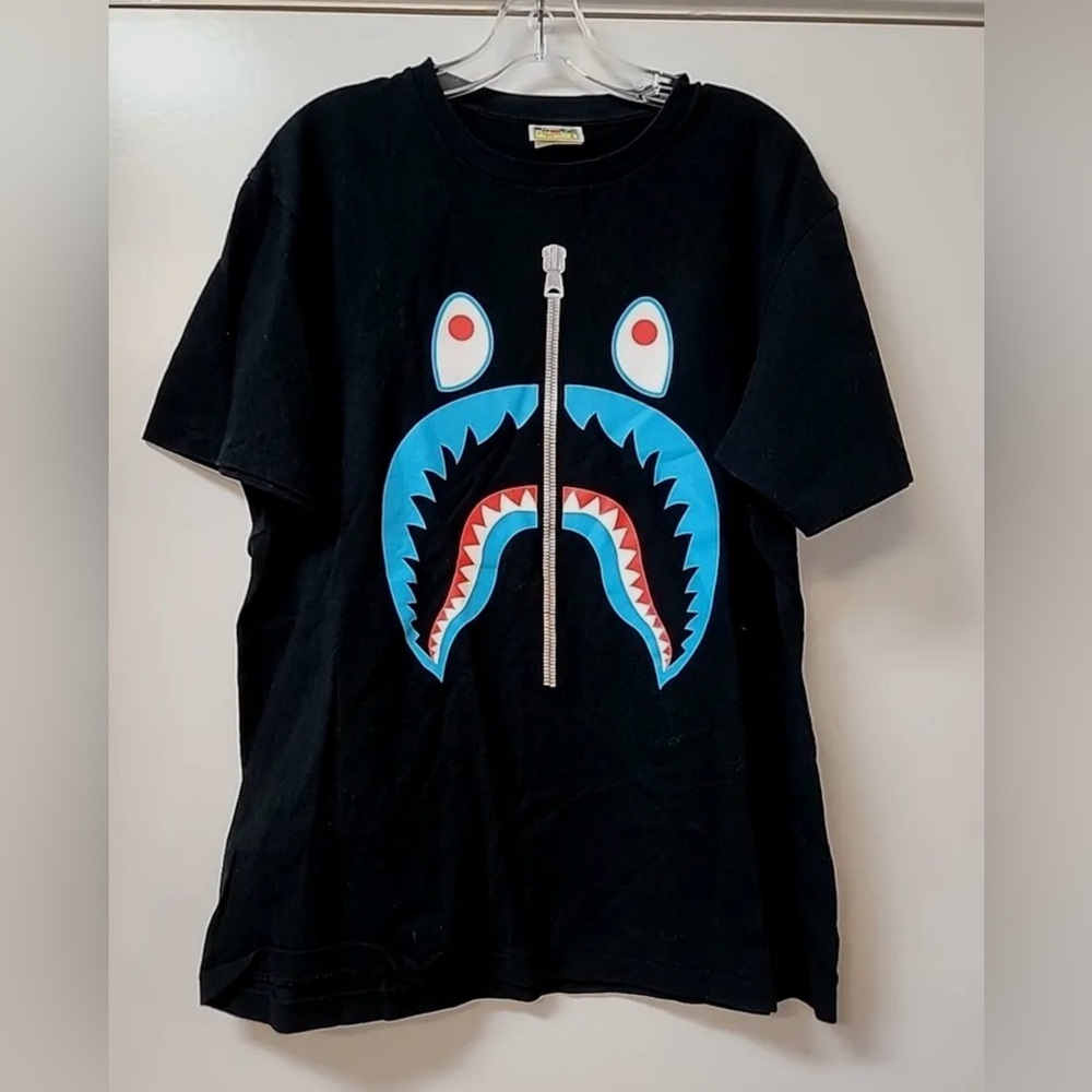 A BATHING APE T-shirt Size Large Shark Foil Zipper Rare Blue Black Mens